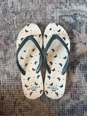 Coach White Flip Flops with Black Butterfly Print and Dark Gray Straps